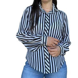 Vintage Lady Diplomat Black White Pinstriped Button Blouse Top Size 10 USA Made